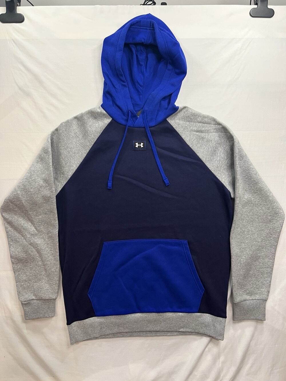 Under Armour Hoodie Mens Medium Blue Gray Colorblock Rival Fleece Sweatshirt